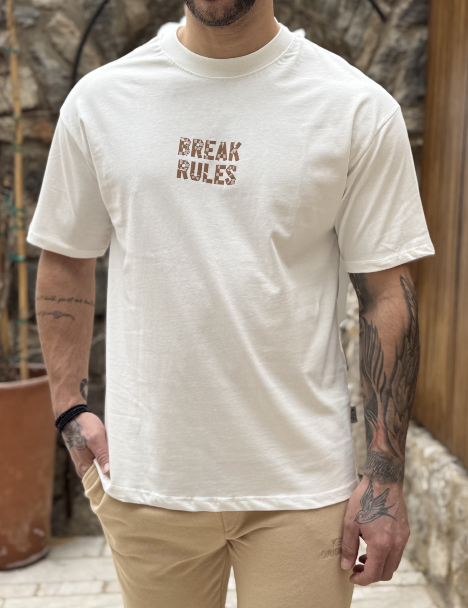 Ανδρική βαμβακερή λευκή κοντομάνικη Oversized μπλούζα με τύπωμα KEF2624 - KEF - 